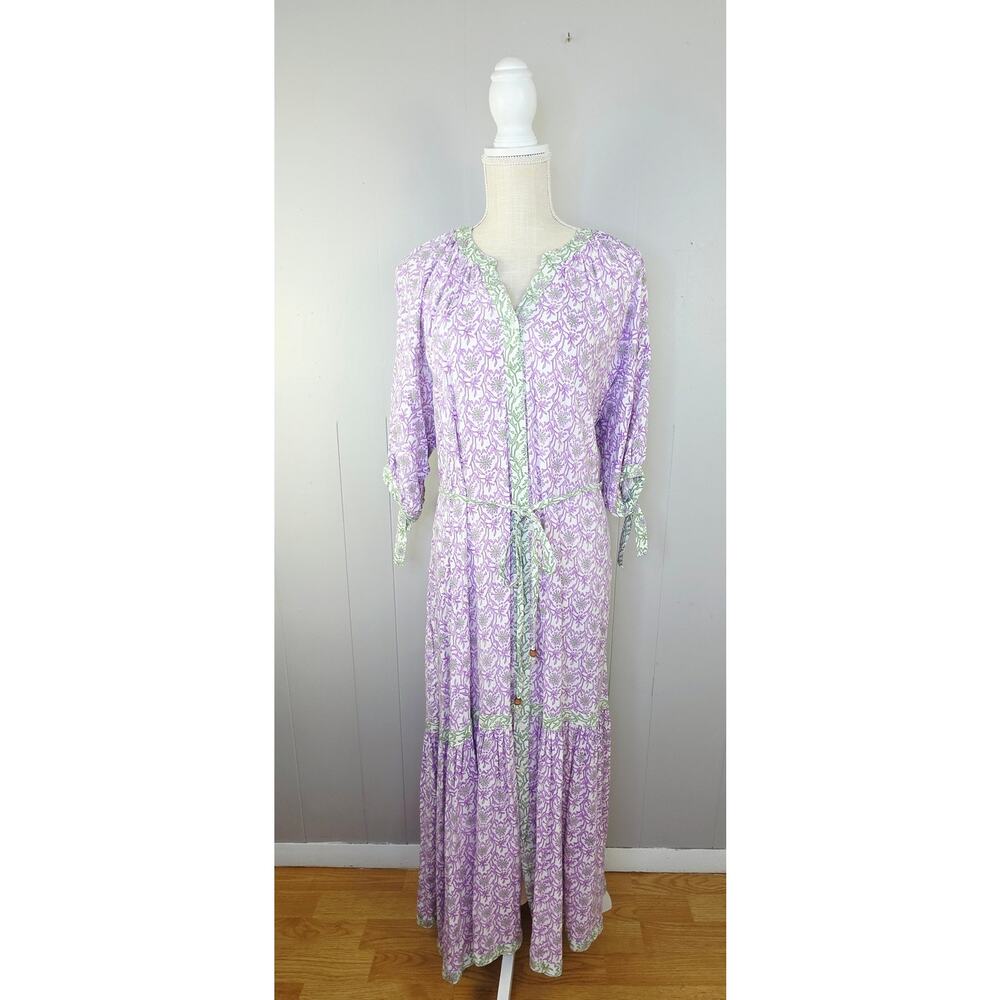 Cactus + Pearl Purple Green Floral Maxi Dress XXL Tie Sleeve Boho Cottagecore - Picture 2 of 15